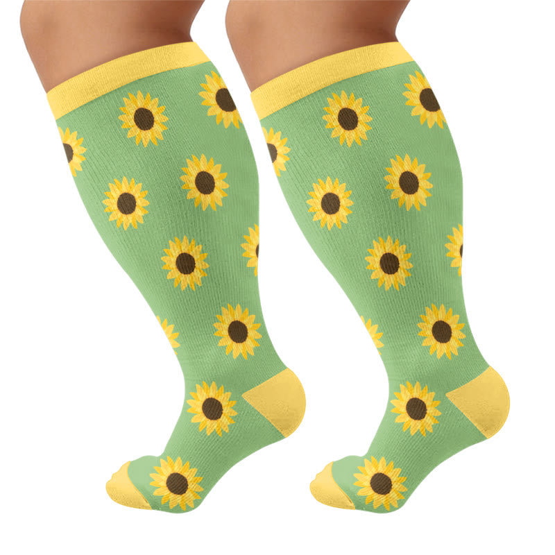 Plus Size Sunflower Compression Socks(3 Pairs) - Green(1 Pair) - 4XL - image 7