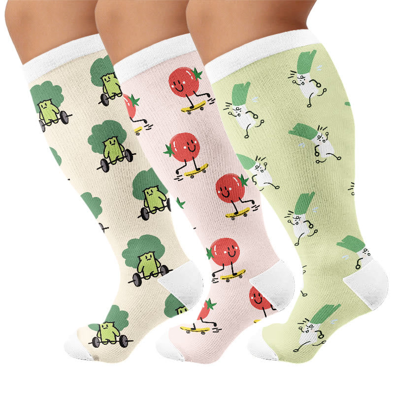 Plus Size Cute Veggie Fun Compression Socks(3 Pairs) - Multicolor - 4XL - image 1