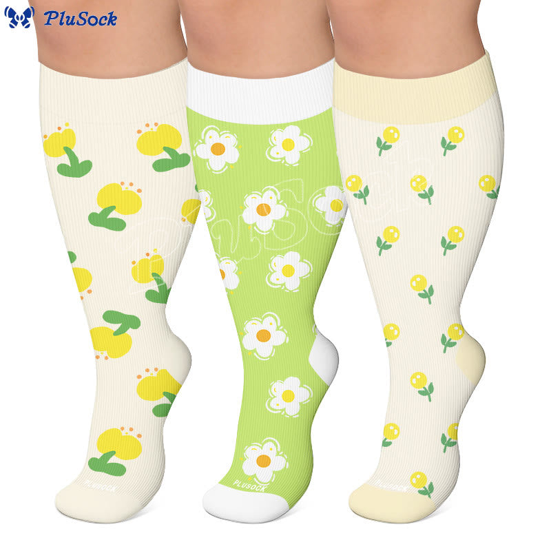 Plus Size Simple Floral Compression Socks(3 Pairs) - image 0