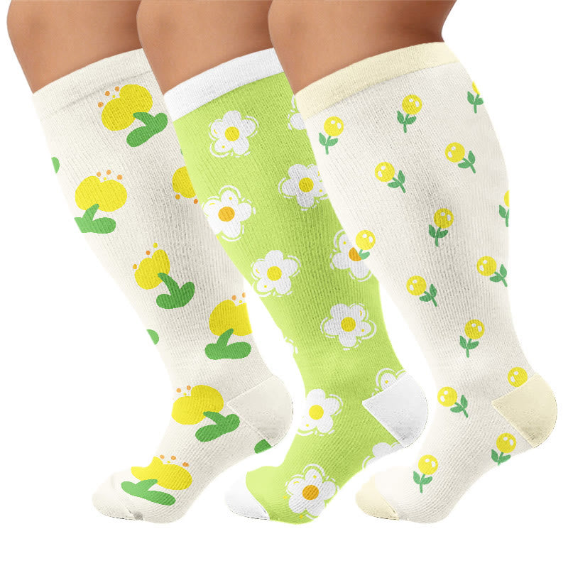 Plus Size Simple Floral Compression Socks(3 Pairs) - Multicolor - 4XL - image 1