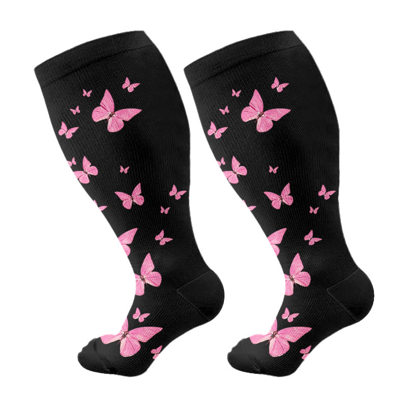 Plus Size Butterfly Print Compression Socks - Pink - 4XL - image 13