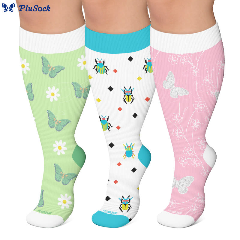 Plus Size Butterflies Beetles Compression Socks(3 Pairs) - image 0