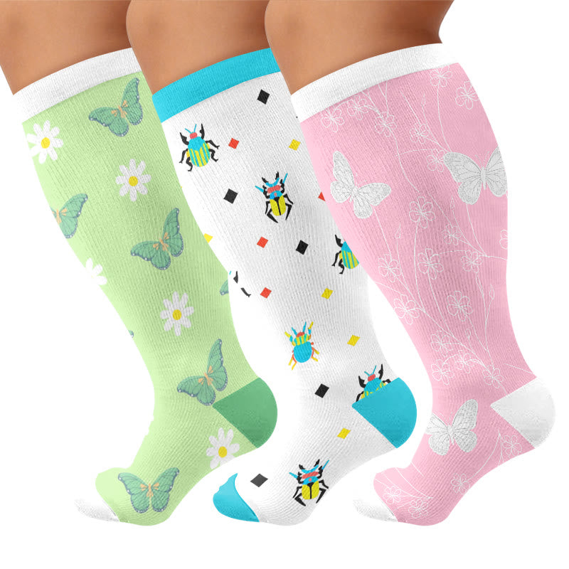 Plus Size Butterflies Beetles Compression Socks(3 Pairs) - Multicolor - 4XL - image 1
