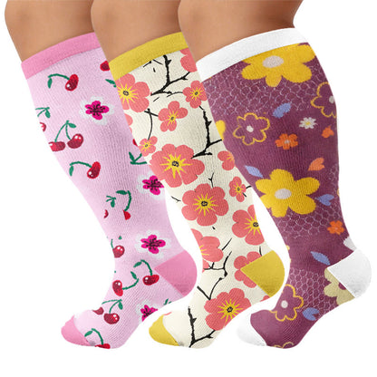 Plus Size Floral Touch Compression Socks - Multicolor(3 Pairs) - 4XL - image 4