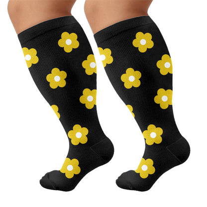 Plus Size Heart Flower Print Compression Socks - Black(1 Pair) - 4XL - image 6
