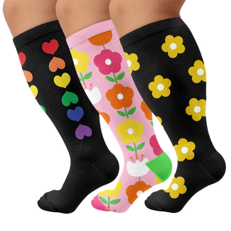 Plus Size Heart Flower Print Compression Socks - Multicolor(3 Pairs) - 4XL - image 1