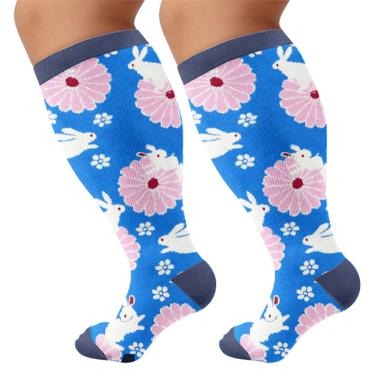 Plus Size Floral Bunny Compression Socks - Blue(1 Pair) - 4XL - image 4