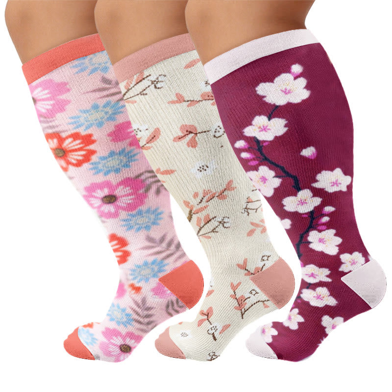 Plus Size Muted Blossom Compression Socks - Multicolor A(3 Pairs) - 4XL - image 2