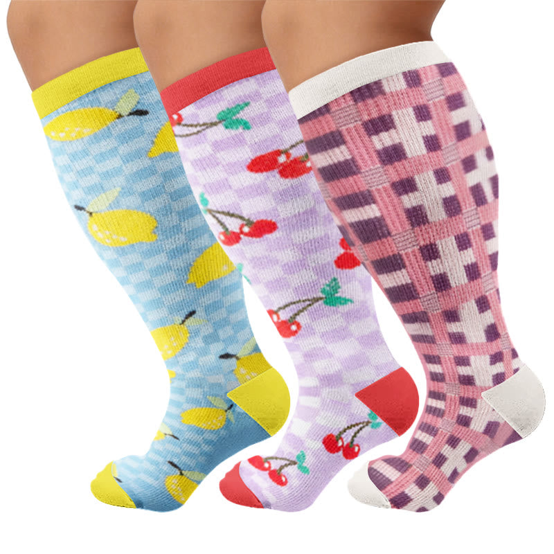 Plus Size Fruit Gingham Compression Socks - Multicolor(3 Pairs) - 4XL - image 1