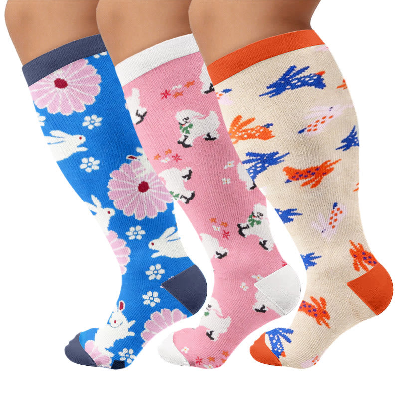 Plus Size Floral Bunny Compression Socks - Multicolor(3 Pairs) - 4XL - image 1