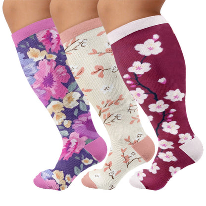 Plus Size Muted Blossom Compression Socks - Multicolor B(3 Pairs) - 4XL - image 3