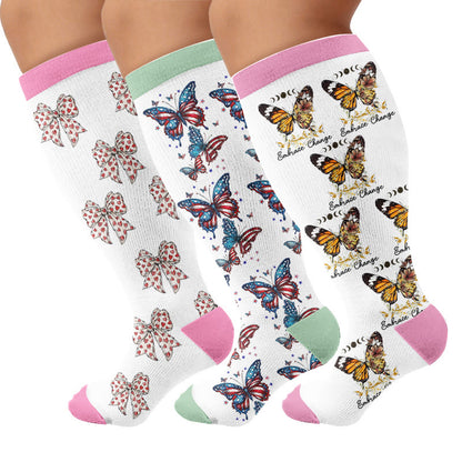 Plus Size Butterfly Bow Tie Compression Socks - Multicolor(3 Pairs) - 4XL - image 1