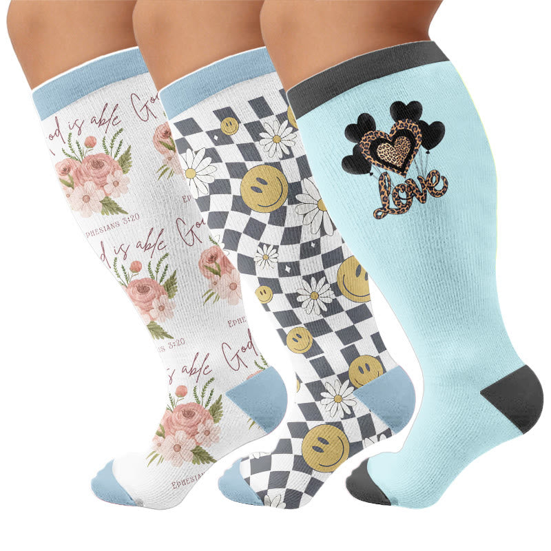 Plus Size Floral Balloon Knot Compression Socks - Multicolor(3 Pairs) - 4XL - image 1