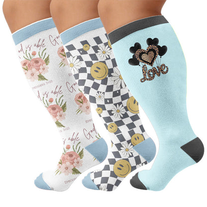 Plus Size Floral Balloon Knot Compression Socks - Multicolor(3 Pairs) - 4XL - image 1