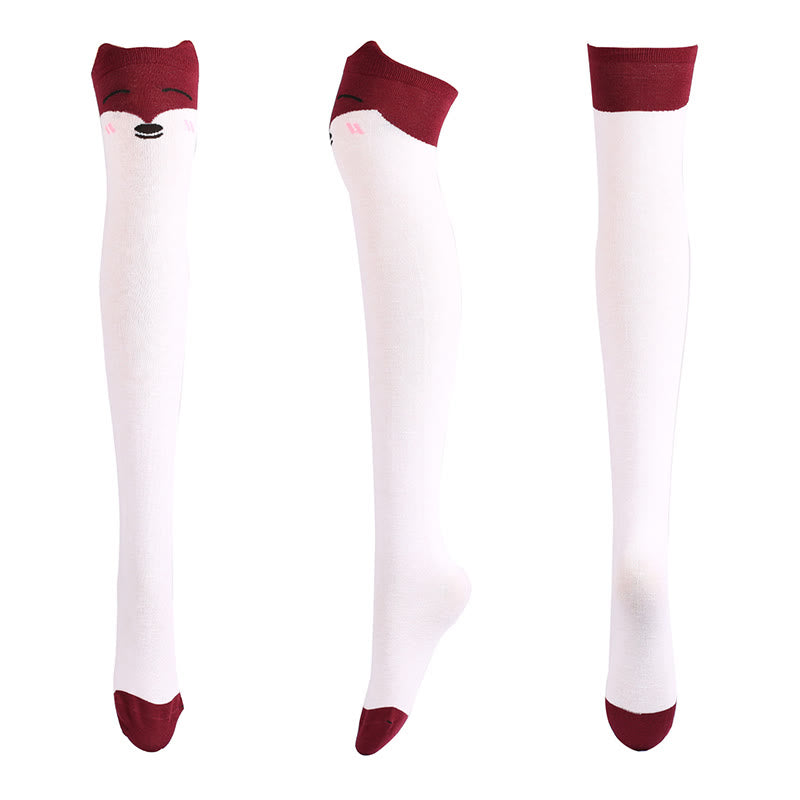 Adorable Animal Face Thigh High Socks(2 Pairs) - White - One Size - image 3