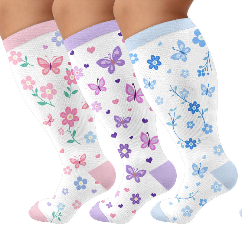 Plus Size Spring Butterfly Floral Compression Socks - Multicolor(3 Pairs) - 4XL - image 1