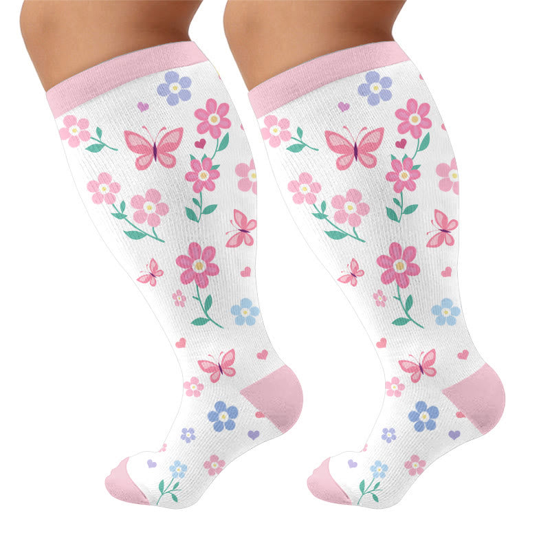 Plus Size Spring Butterfly Floral Compression Socks - Pink(1 Pair) - 4XL - image 7