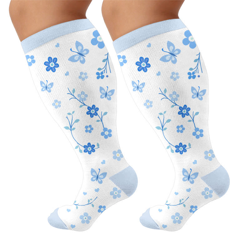 Plus Size Spring Butterfly Floral Compression Socks - Blue(1 Pair) - 4XL - image 6