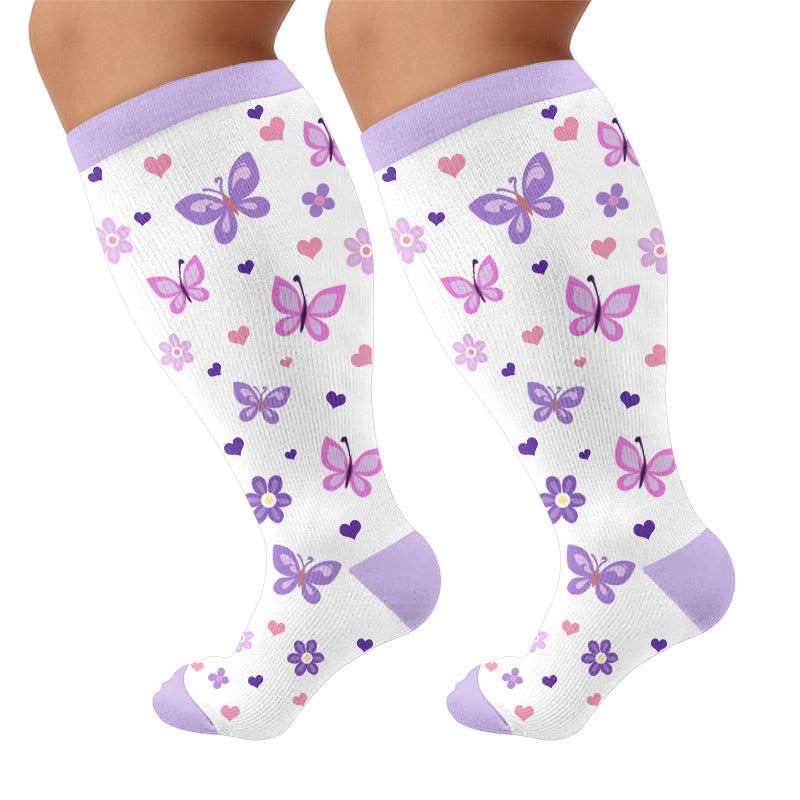 Plus Size Spring Butterfly Floral Compression Socks - Purple(1 Pair) - 4XL - image 5