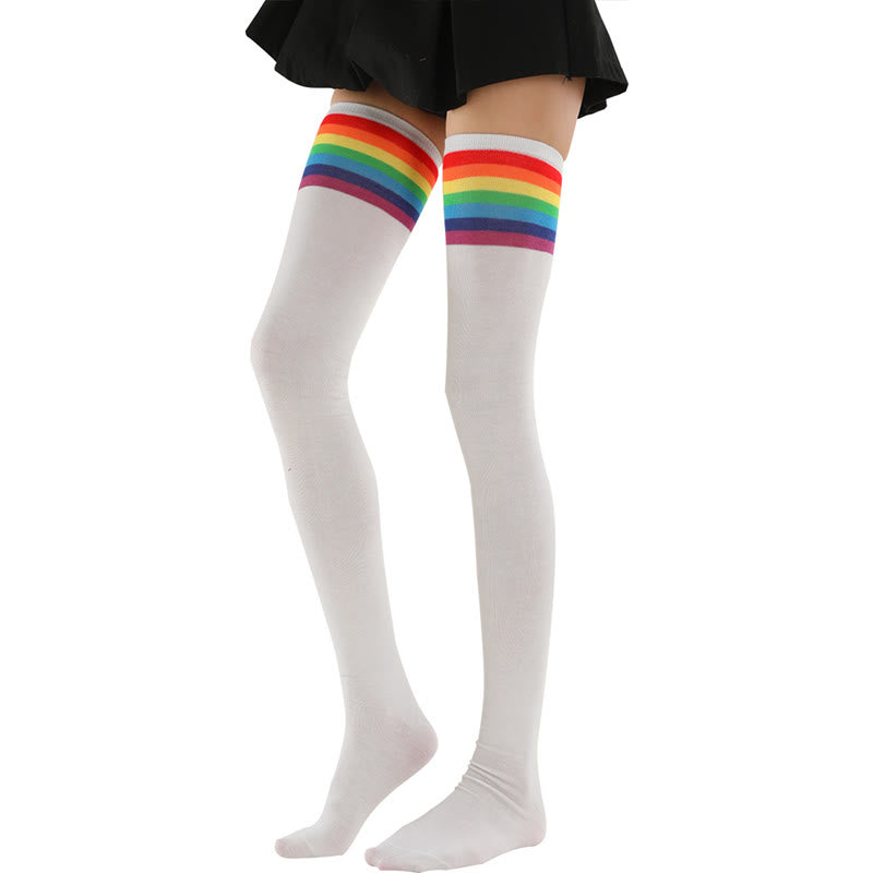 Rainbow Stripes Thigh High Socks(2 Pairs) - White - One Size - image 5