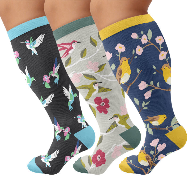 Plus Size Whimsical Bird Compression Socks - Multicolor(3 Pairs) - 4XL - image 4