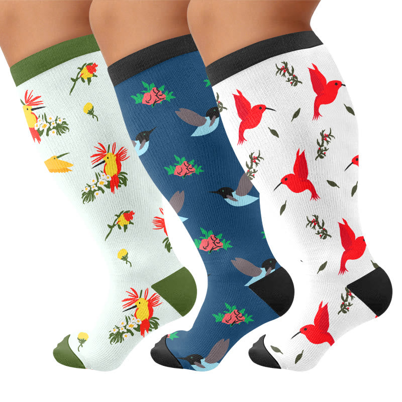 Plus Size Delicate Bird Floral Compression Socks - Multicolor(3 Pairs) - 4XL - image 1