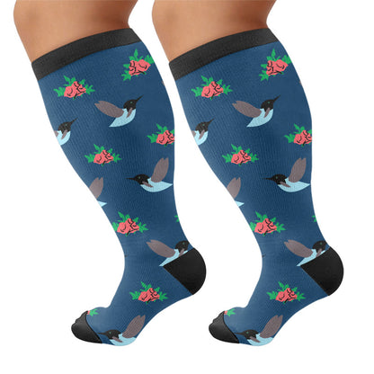 Plus Size Delicate Bird Floral Compression Socks - Navy Blue(1 Pair) - 4XL - image 6