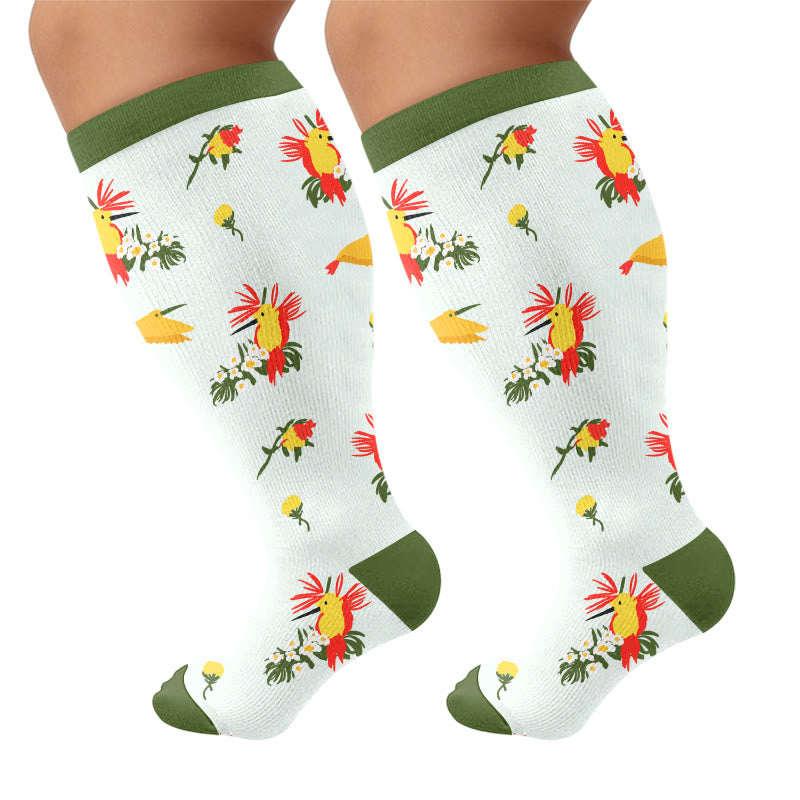 Plus Size Delicate Bird Floral Compression Socks - Green(1 Pair) - 4XL - image 7