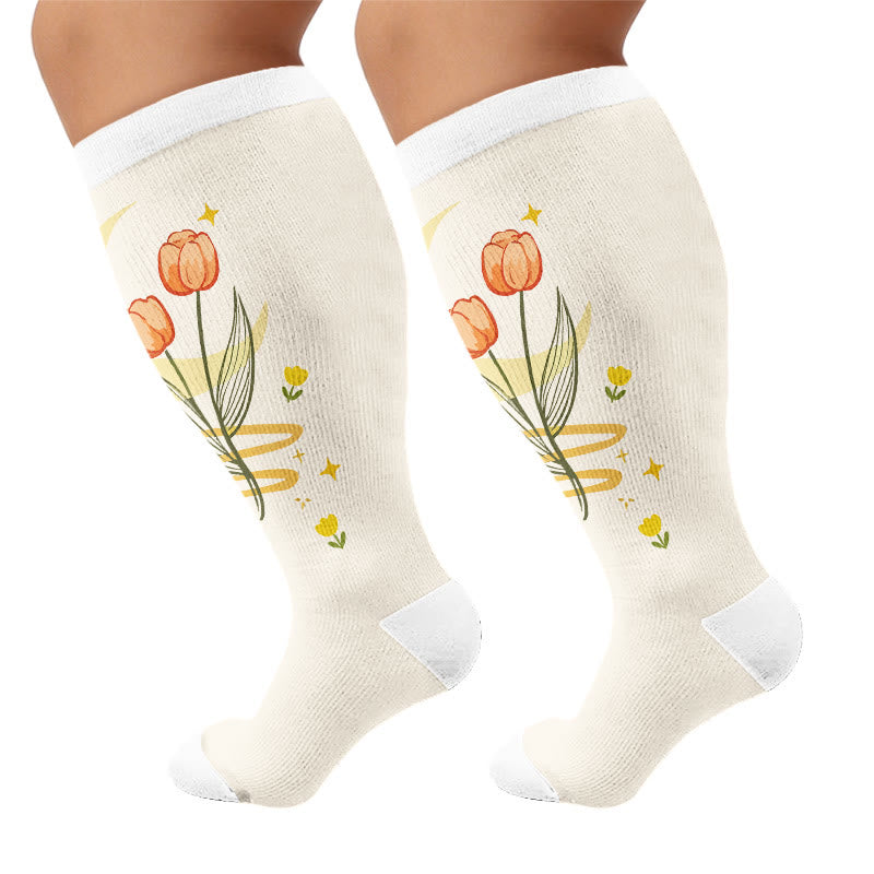 Plus Size Floral Gratitude Compression Socks - Apricot(1 Pair) - 4XL - image 5