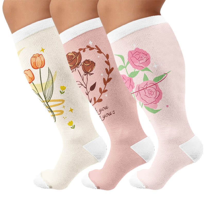 Plus Size Floral Gratitude Compression Socks - Multicolor(3 Pairs) - 4XL - image 1