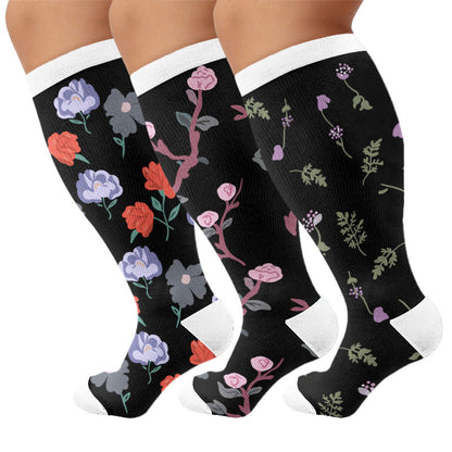 Plus Size Midnight Floral Compression Socks - Multicolor(3 Pairs) - 4XL - image 1