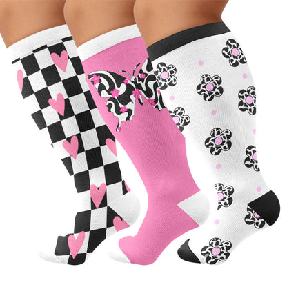 Plus Size Butterfly Heart Grid Compression Socks - Multicolor(3 Pairs) - 4XL - image 1