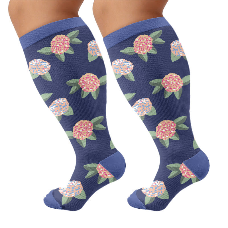 Plus Size Soft Floral Print Compression Socks - Blue(1 Pair) - 4XL - image 6