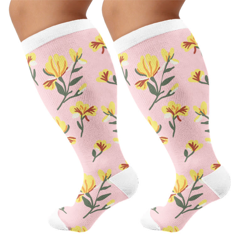 Plus Size Soft Floral Print Compression Socks - Pink(1 Pair) - 4XL - image 7