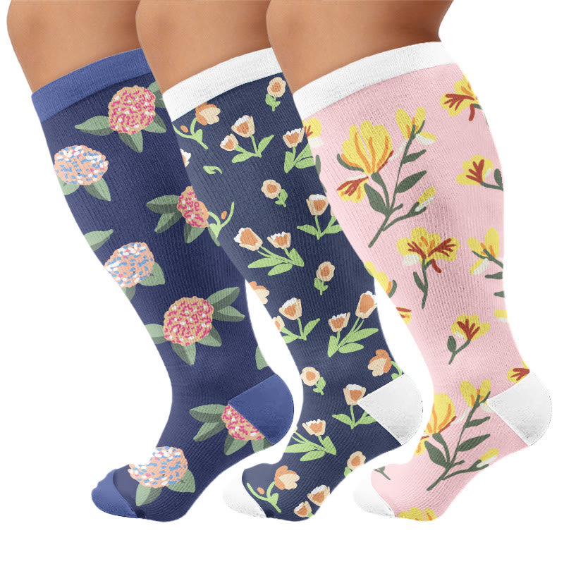 Plus Size Soft Floral Print Compression Socks - Multicolor(3 Pairs) - 4XL - image 1