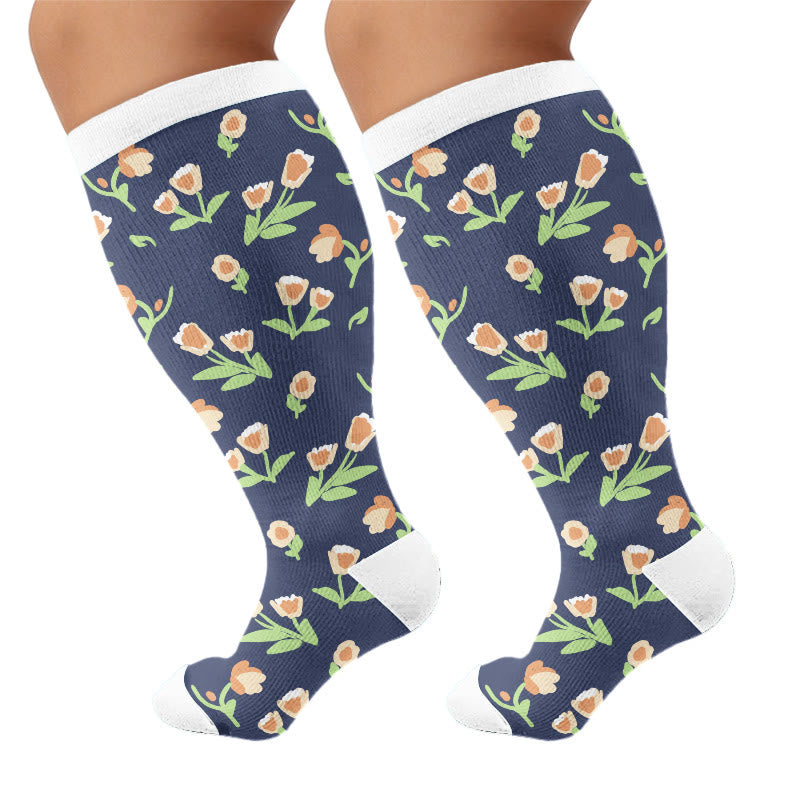 Plus Size Soft Floral Print Compression Socks - Navy Blue(1 Pair) - 4XL - image 5