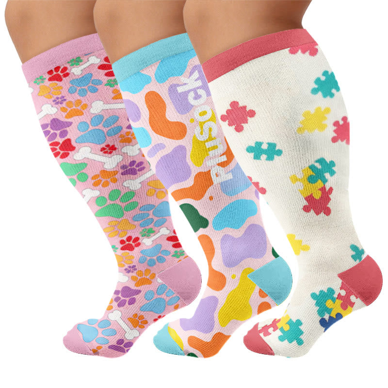 Plus Size Jigsaw Dog Paw Compression Socks - Multicolor(3 Pairs) - 4XL - image 1