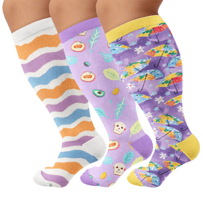 Plus Size Wavy Stripes Fruit Umbrella Compression Socks - Multicolor(3 Pairs) - 4XL - image 1