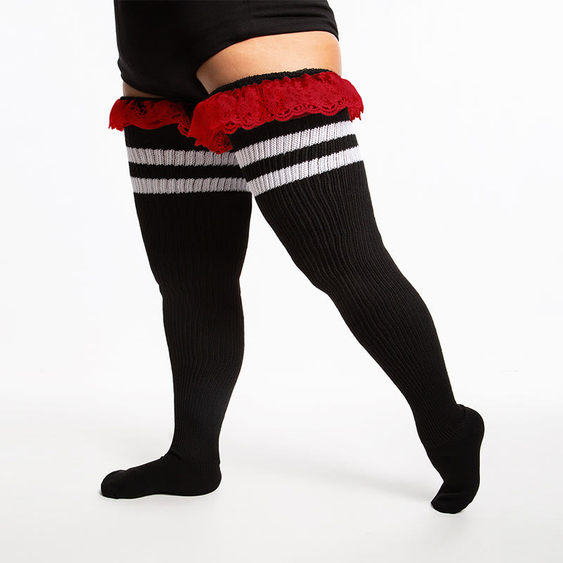 Plus Size Lace Stripes Thigh High Socks - Red - One Size - image 6