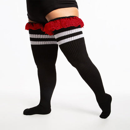Plus Size Lace Stripes Thigh High Socks - Red - One Size - image 6