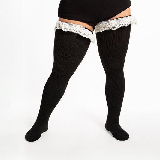 Plus Size Lace Solid Color Thigh High Socks - White - One Size - image 0