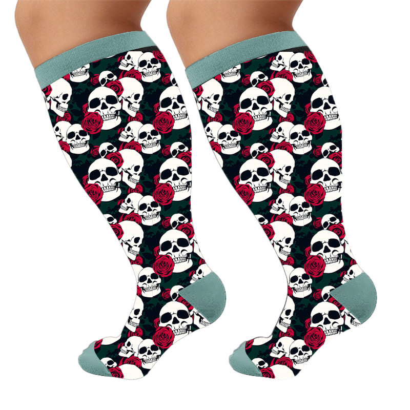 Skull Floral Print Compression Socks - Dark Romance(1 Pair) - 4XL - image 5