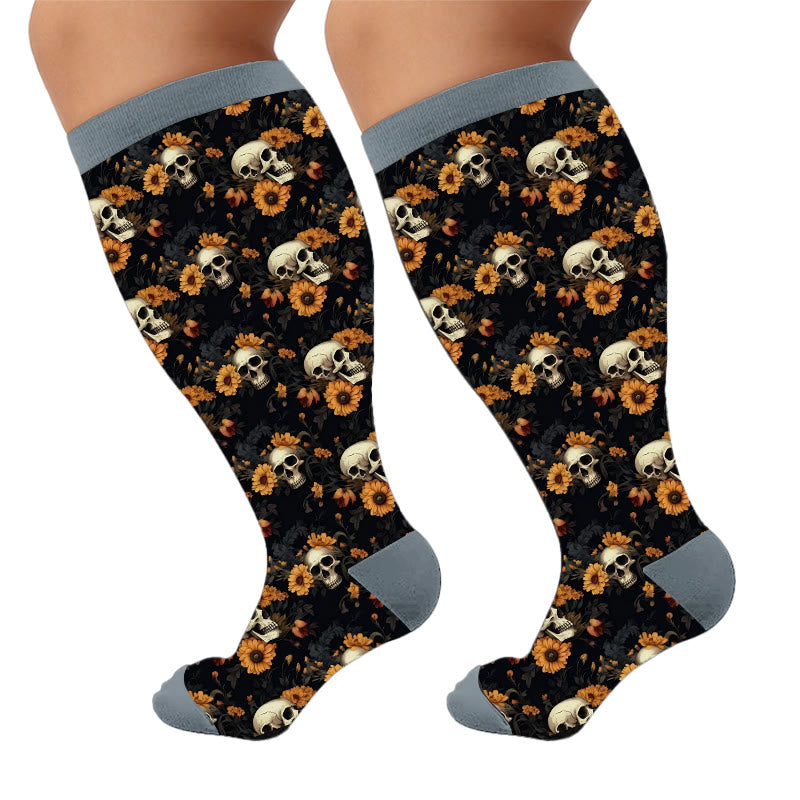 Skull Floral Print Compression Socks - Retro Mystery(1 Pair) - 4XL - image 6