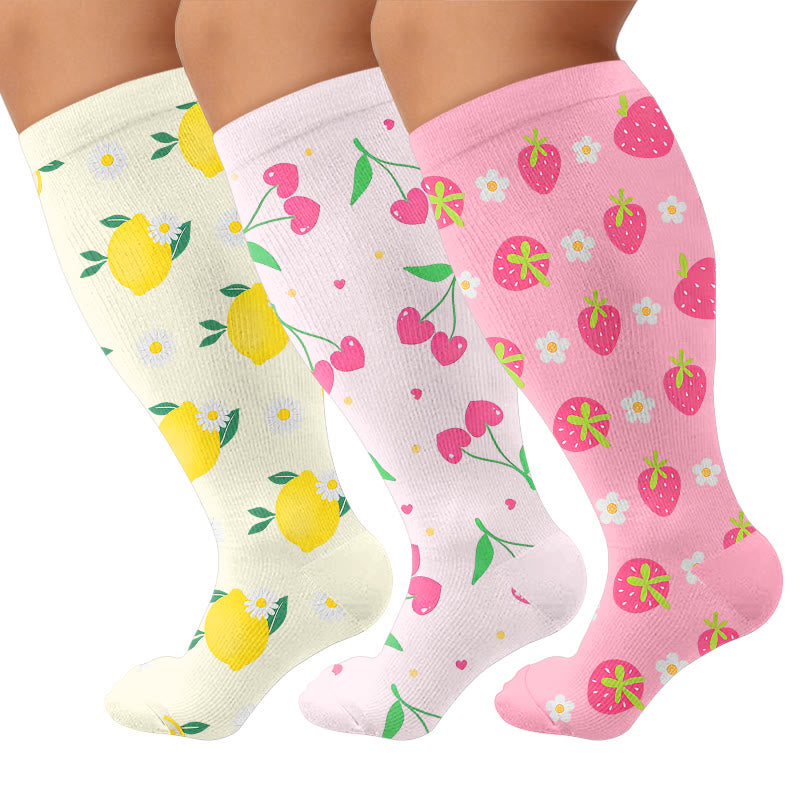 Plus Size Lemon Cherry Strawberry Compression Socks - Multicolor(3 Pairs) - 4XL - image 1