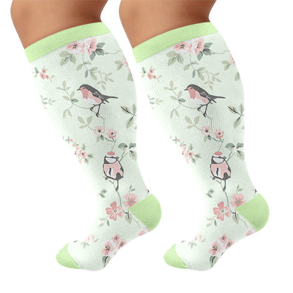 Plus Size Floral Bird Compression Socks - Green(1 Pair) - 4XL - image 5