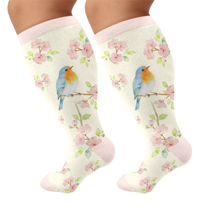 Plus Size Floral Bird Compression Socks - Pink(1 Pair) - 4XL - image 6