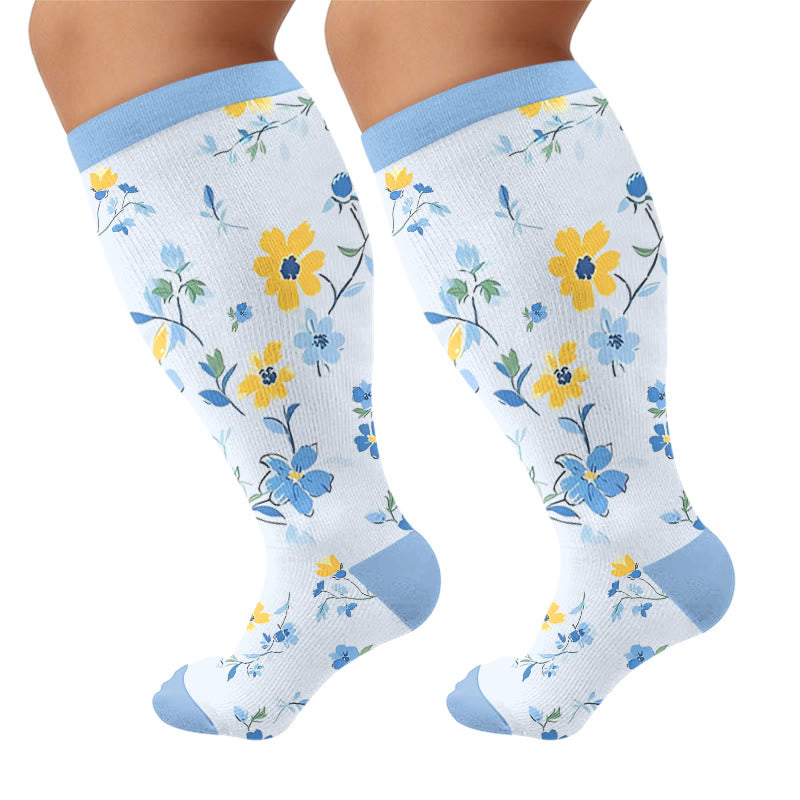 Plus Size Floral Bird Compression Socks - Blue(1 Pair) - 4XL - image 7
