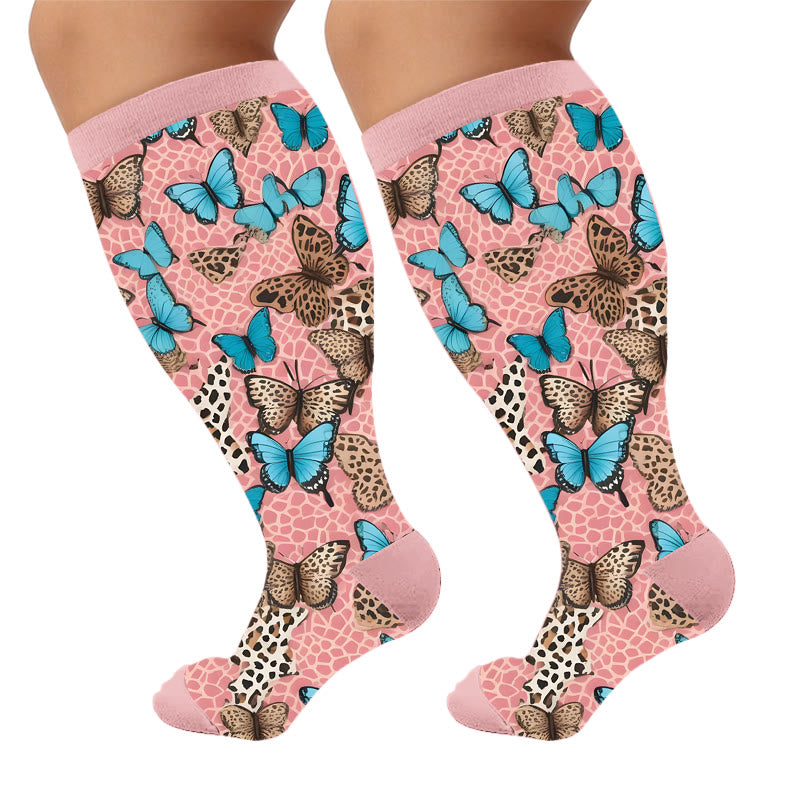 Plus Size Animal Print Compression Socks - Blue Butterfly(1 Pair) - 4XL - image 5