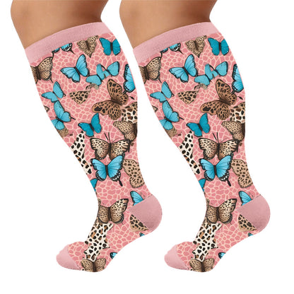 Plus Size Animal Print Compression Socks - Blue Butterfly(1 Pair) - 4XL - image 5