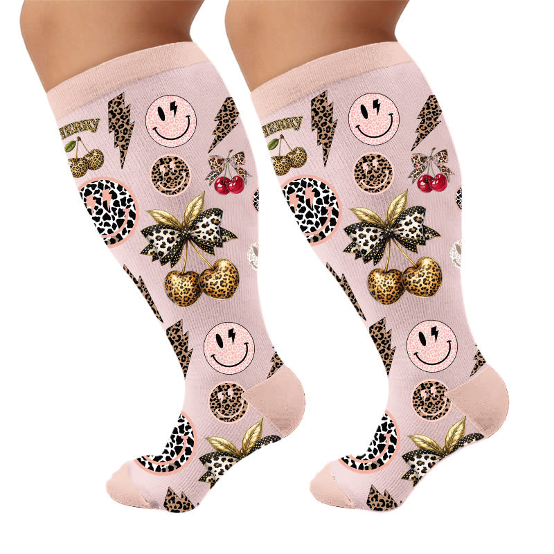 Plus Size Snake Leopard Print Compression Socks - Cherry(1 Pair) - 4XL - image 5